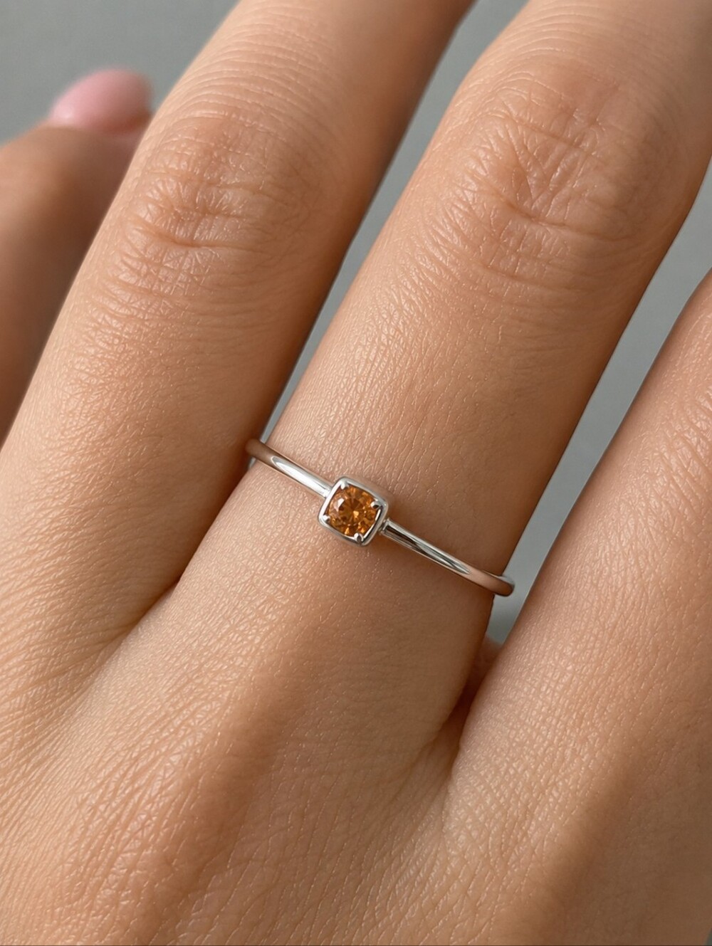 925 Ring Amber Square CZ Sterling Silver Thin Minimalist Size 7 Women